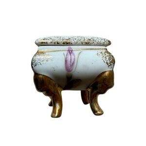 Vintage Porcelain‎ Trinket Box Gold Feet Pink Floral Jewelry Casket Rare